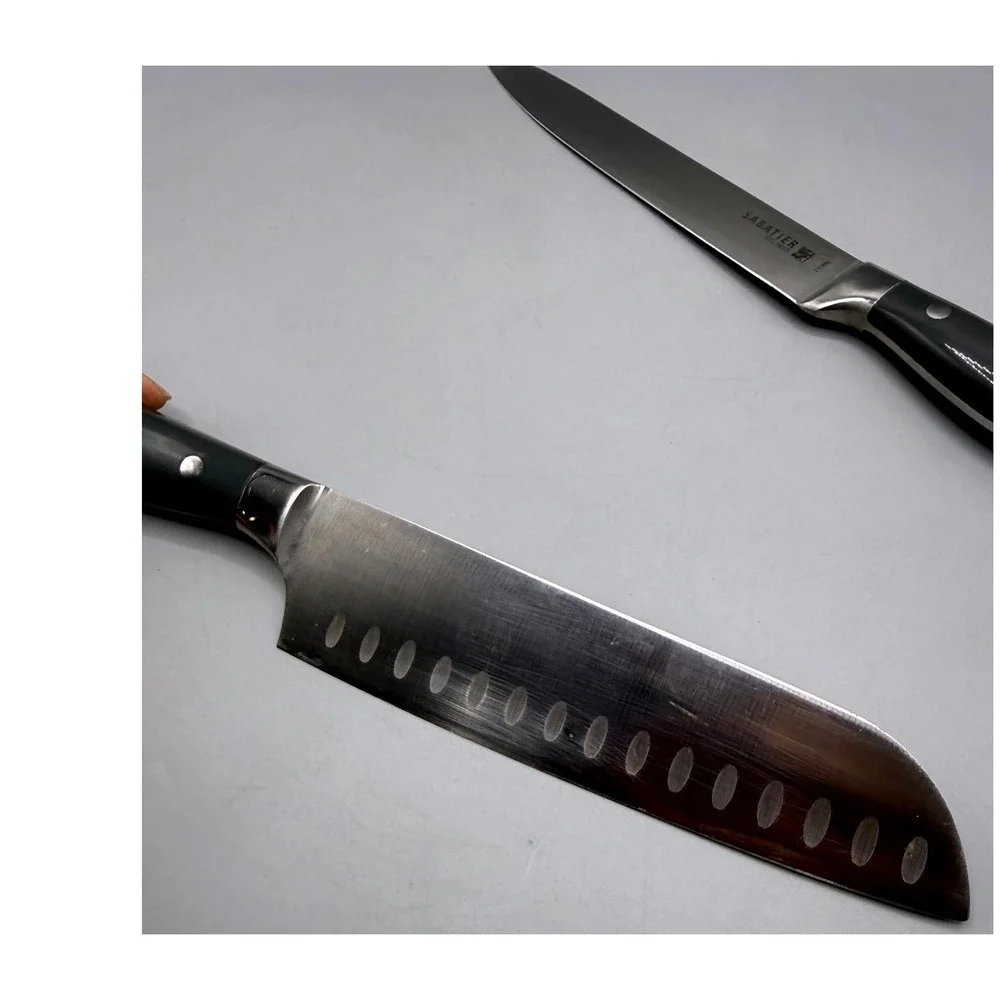 Sabatier 21C890 2 Piece Knife Set 7in Santoku 8in Slicer Damascus Etched Steel